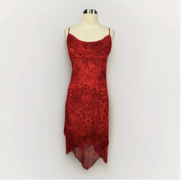 VTG Y2K 90s Pink Red Handkerchief Hem Midi Dress - Picture 1 of 14